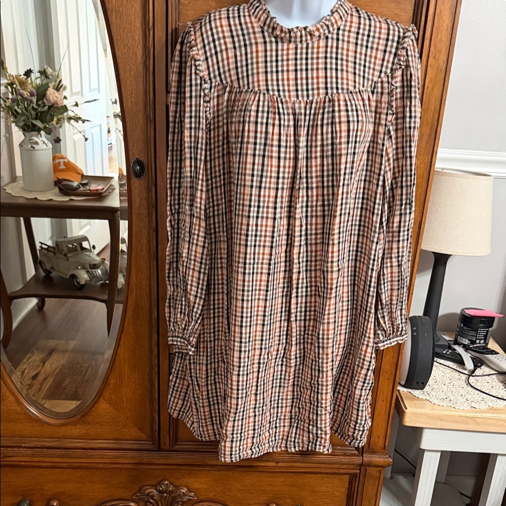 a new day Rust and Black Plaid Long-Sleeve Shift Dress